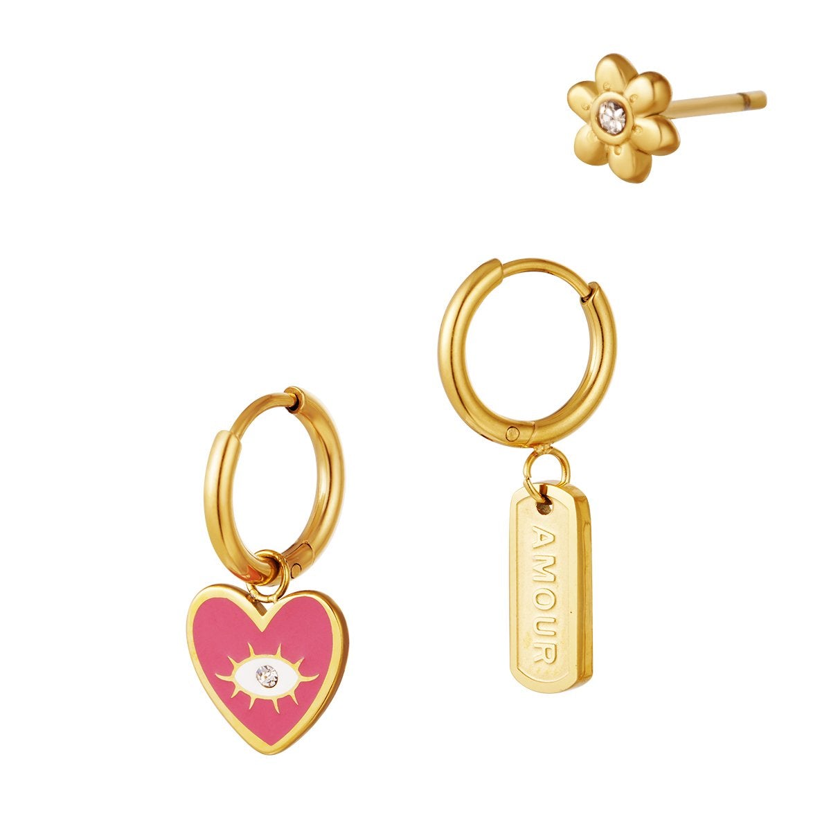 Trio oorbellen set hart van roestvrij staal Accessoires Hipvoordeheb.nl 